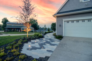 garage and stone path