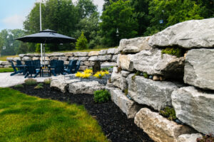 backyard landscape design with firepit and flowers