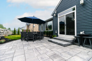 backyard landscape design with table